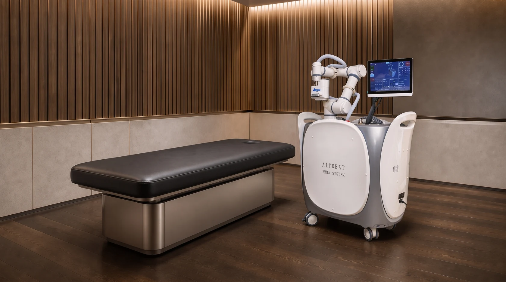 EMMA beside a treatment table in a room with wooden wall panels
